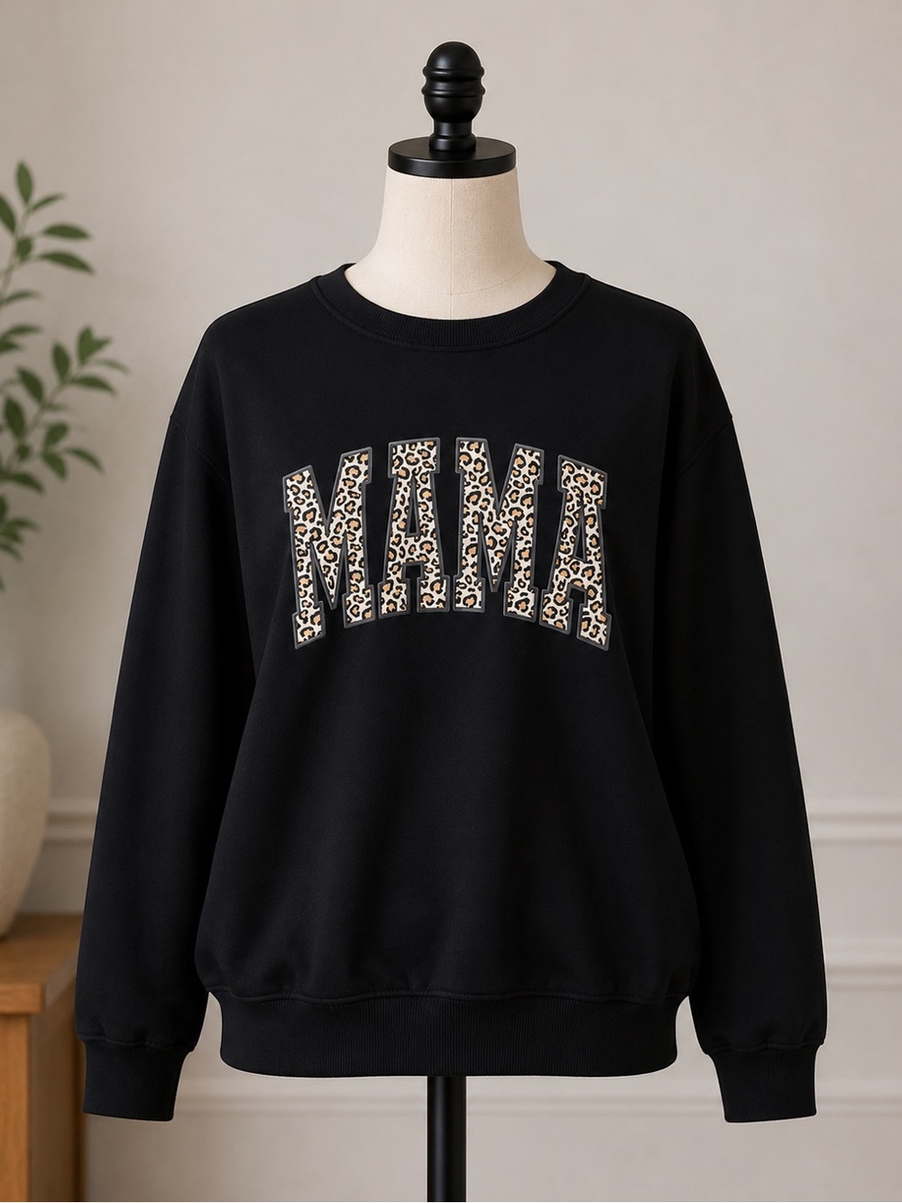 Black "MAMA" Crewneck Sweater with Leopard Print Lettering